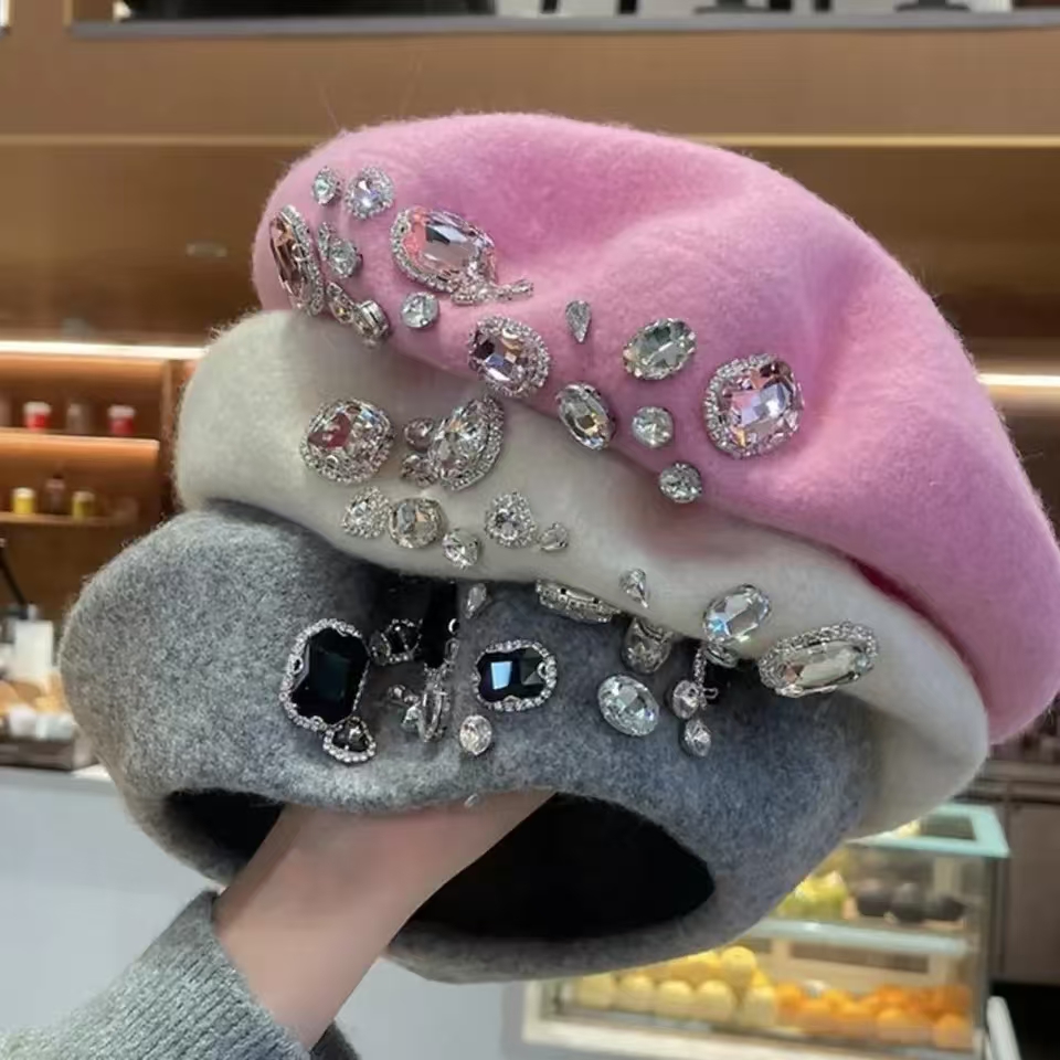 French Beret Thick Rhinestone  - Beret French Wool 리뷰 및 가격